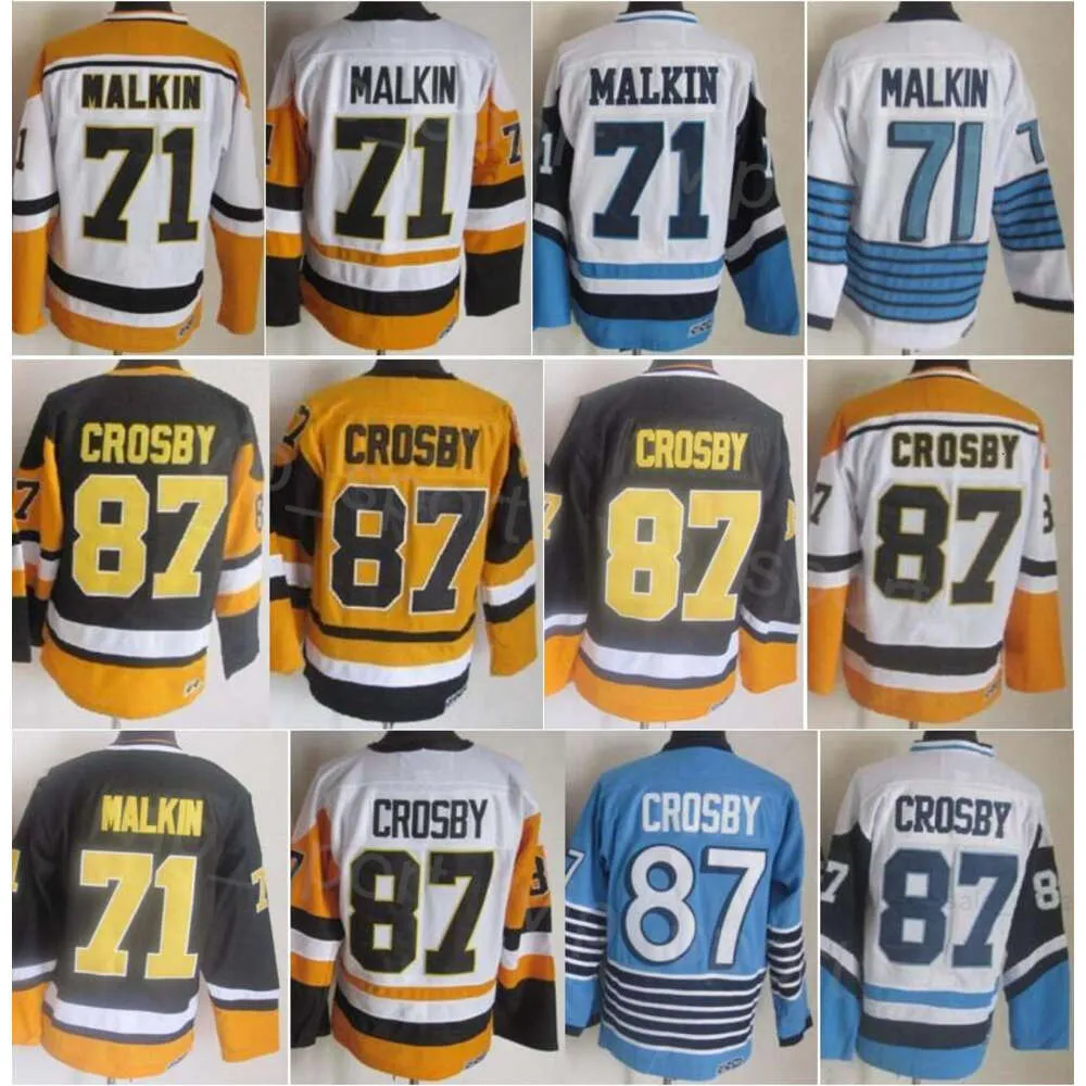 CCM Hockey 87 Sidney Crosby Retro Jerseys Retire 71 Evgeni Malkin Vintage Classic Embroidery Team Color Black White Blue Yellow For Sport Fans Breathable Pullover