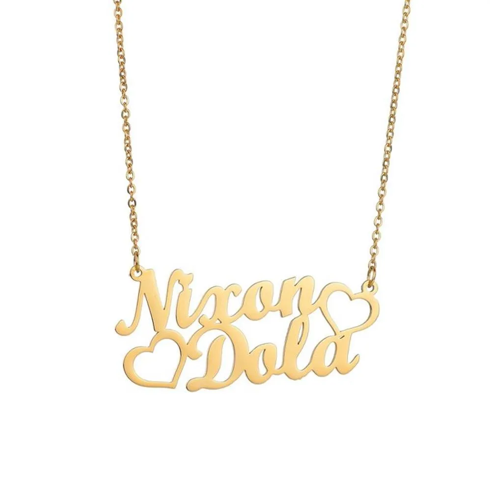 Collar de corazón con 2 nombres de acero inoxidable personalizado a la moda para mujer, letra personalizada Gold257K