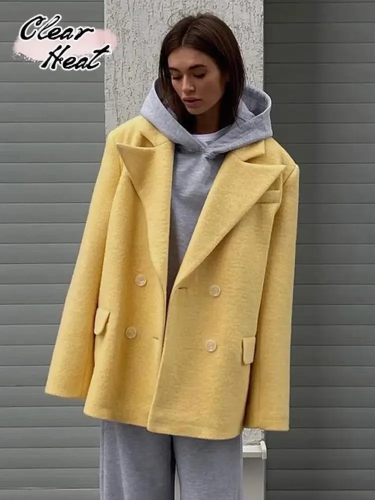 Womens Jackets Women Yellow Overtised Blazer Coat Winter Vintage Long Sleeve Flap Pockets Female Antumn Outerwear Chic OverCoats 231009