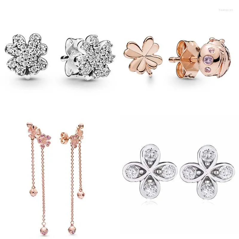 Studörhängen 925 Sterling Silver Earring Good Lucky Clover Flower Rose Four-Leaf and Ladybird for Women Fashion Jewelry