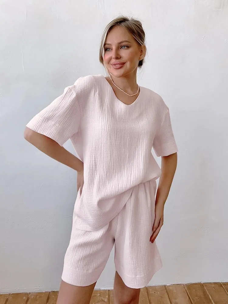 Mulheres sleepwear hiloc rosa manga curta algodão com decote em v noite wear para mulheres cintura alta conjuntos feminino 2023 outono casual