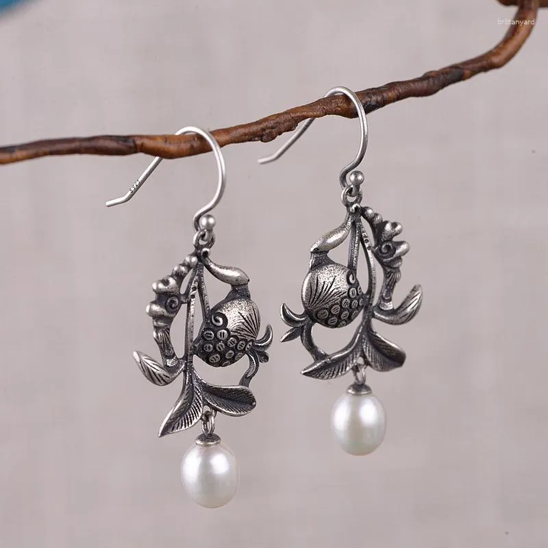 Dangle Earrings FNJ 925 Silver Vintage Fish For Women Jewelry S925 Sterling Drop Earring Natural Freshwater Pearl