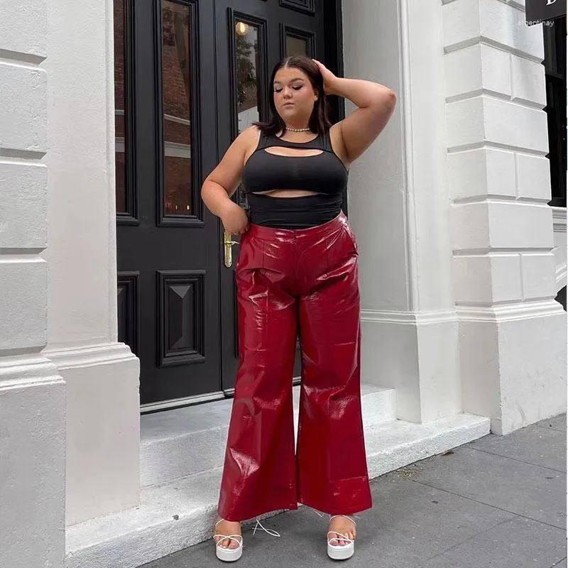 Pantalon en cuir verni PU pour femmes, grande taille évasé, décontracté, Sexy, taille haute, ample, PVC, Streetwear, mode, grand 7XL, 8XL, 9XL