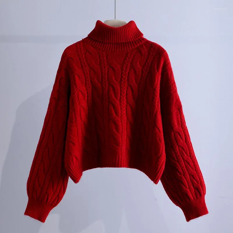 Women's Sweaters Vintage Short Empired Knitted Women Sweater Pullovers Autumn Winter Turtleneck Lantern Sleeved Loose Female Pulls Outwear