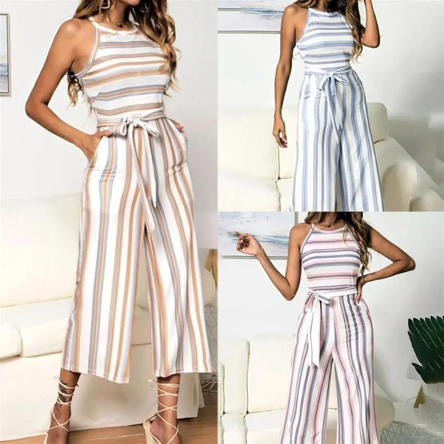 Tank Top Jumpsuit Wijde Pijpen Elegante Lange Streep Jumpsuit Vrouwen Bandage Elastische Taille Verzameld Voor Feestavond Ronde Neck234y