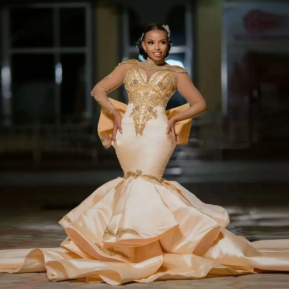 Arabska syrena balowa suknie z koralikami Bow Back 2024 Sukienki wieczorowe plus size złota sukienka formalna pełne rękawy Iluzja Trąbka 322