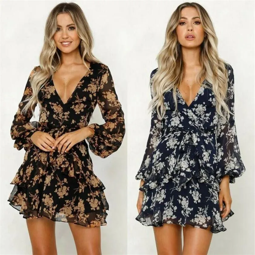 Robes décontractées Femmes Boho Floral Mousseline de soie à manches longues Wrap Summer Party Soirée Col V Plage Courte Mini Robe Sundress S-XL Femelle2138