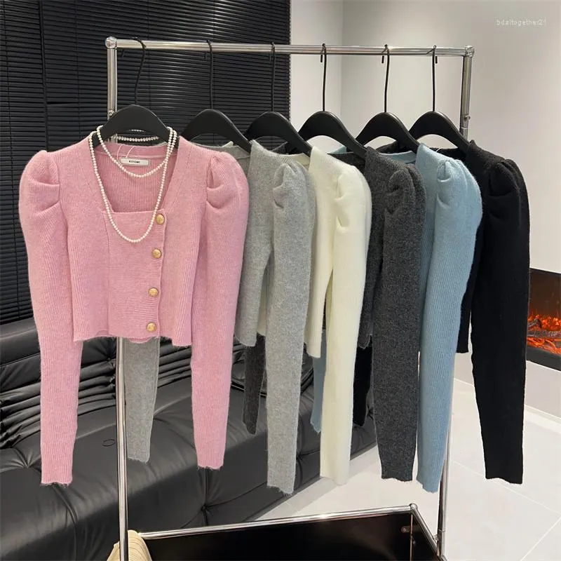 Women's Knits High Quality Women Fashion Square Collar Single-Breasted Temperament Slim Short Section Bubble Sleeve Knitted Sweater