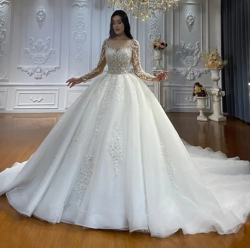 2024 بيع الساخنة فستان الزفاف الوهم عنق الأكمام الطويلة الدانتيل الدانتيل حبات العروس رداء mariage vestidos de novia العربية دبي