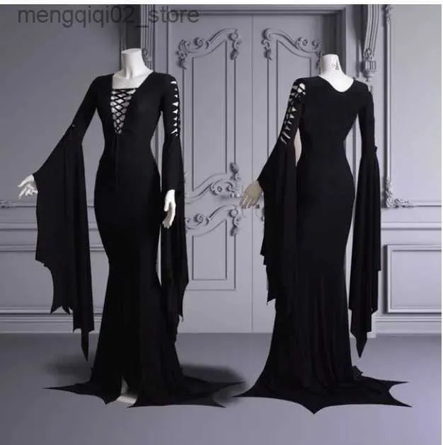 Tema kostym medeltida vampyr svart snörning klänning mantel för kvinnor s-5xl sexig häxa spöke halloween come morticia addam gothic maxi klänning q23101010