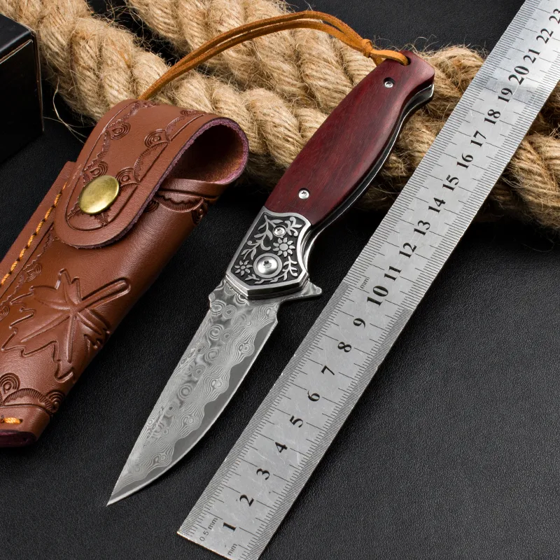 1PCS H1088 Flipper Składanie noża Damascus stalowe proste ostrze Rosewood ze stalową uchwyt na głowę noża EDC EDC z skórzaną osłoną