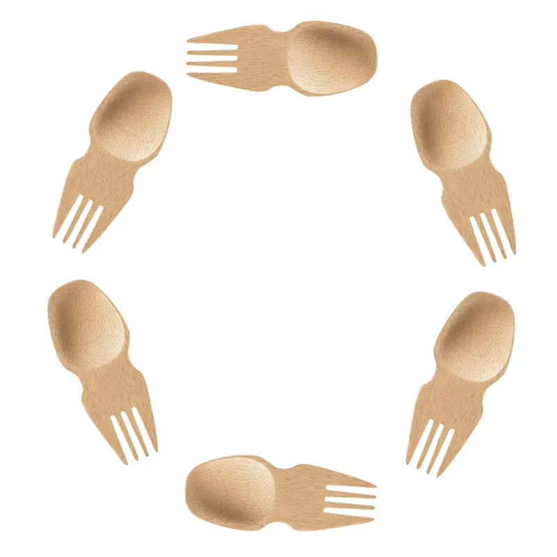 Short handle Bamboo Spoon Frok Tableware Portable Fork Spoon Dual Use Dinnerware For Children LX6148