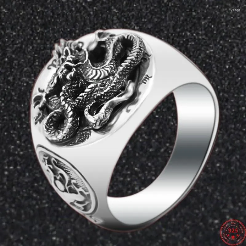 Anéis de cluster S925 prata esterlina para homens 2023 moda masculina chinês antigo quatro sagrado animal alívio dragão argentum jóias