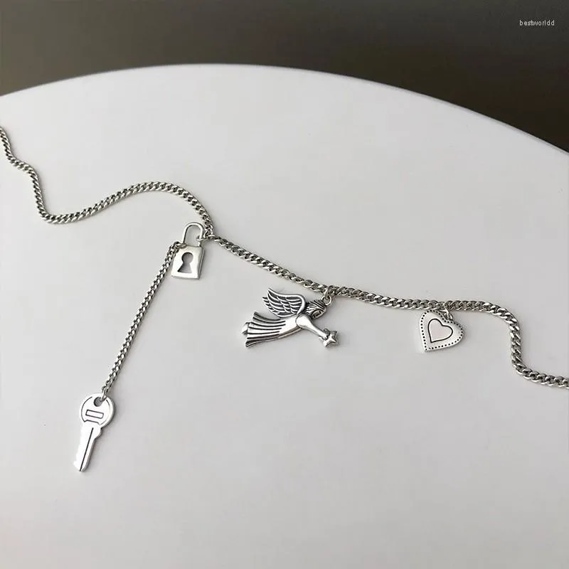 Chains FoYuan Silver Color Retro Trendy Angel Necklace Female Collar Chain Japanese And Korean Made Old Key Love Pendant Jewelry