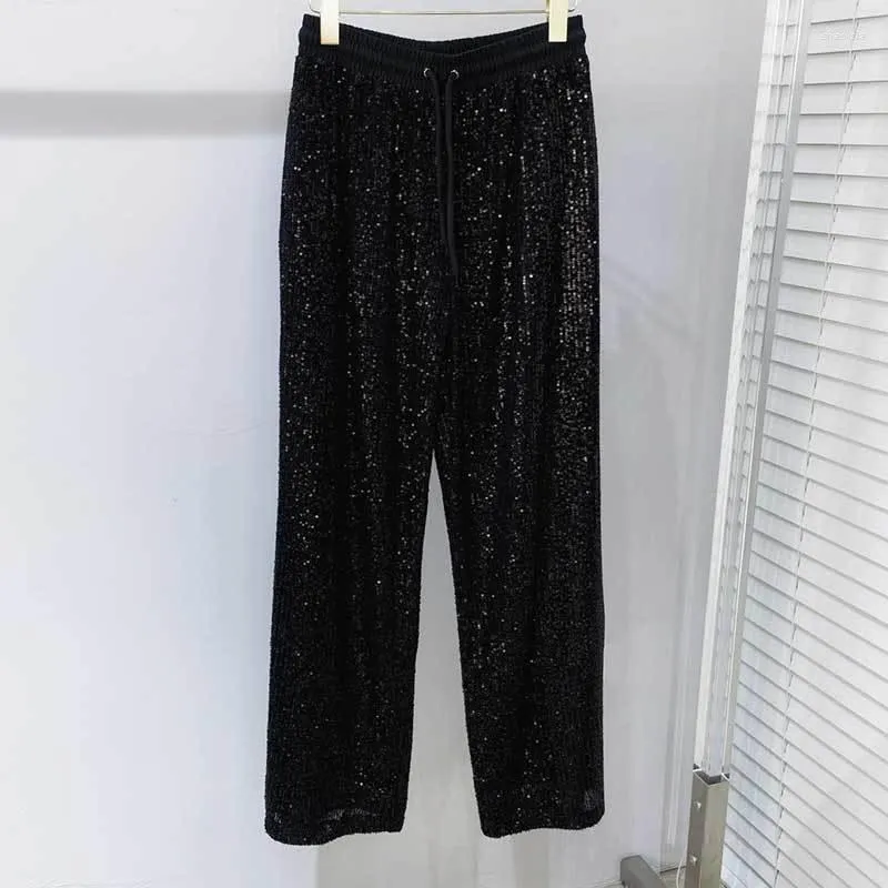 Women's Pants 2023 Women Black Sequin Straight Leg Fashion Vintage Elastic Waist Design Loose Long Trousers Runway Slimming Clothes