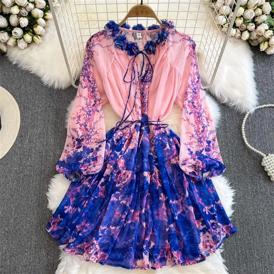 Basic Casual Dresses Summer Women Flower Decorative O-neck Lace-up Tie-dye Floral Print Short Dress Vestidos High Waist Long Sleev265d