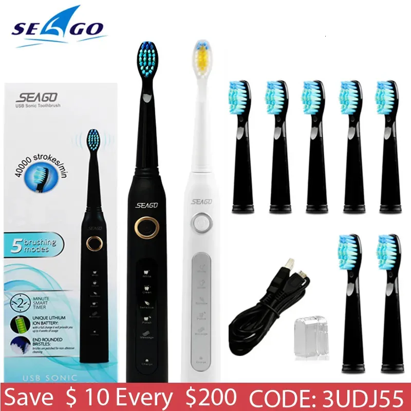 Escova de dentes Seago Sonic Escova de dentes elétrica lavável escova de dentes eletrônica SG-507 USB recarregável escova de dentes IPX7 cabeça de escova de substituição 231009