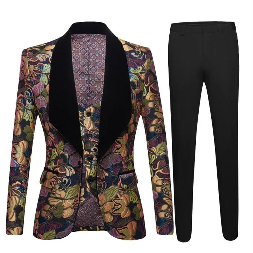 Herenpakken Blazers Mannen Jacquard Pak Vlinder Bloem Nieuwste Jas Slim Fit 3 Stuk Tuxedo Bruidegom Prom Party Blazerjacket v324C