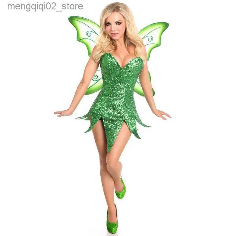 Disfraz temático Mujer 2 piezas Hada de neón Tinkerbell Come Fairy Mini vestido brillante con alas de mariposa Halloween Cosplay viene Q231010