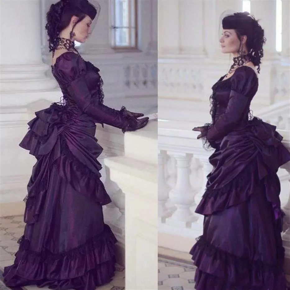 2020 Victorian Gothic Purple Prom Dresses Retro Royal House Ball Duchess Party Gowns Long Sleeves Lace Ruched Renaissance Aristocr2317