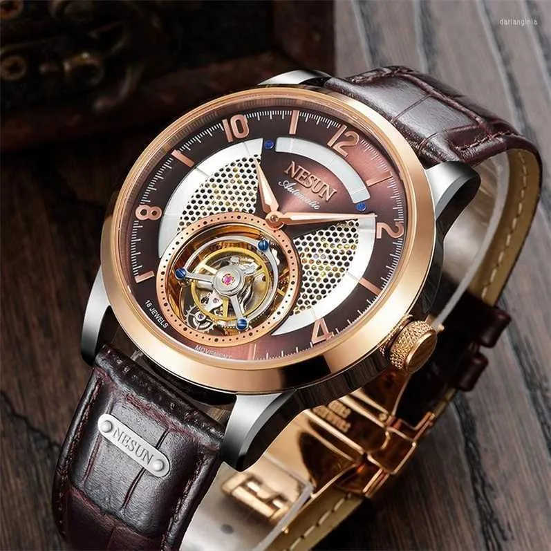 Montre de luxe mécanique sapphire tourbillon montres-bracelettes squelette nesun verre rotary réel du vent de la main