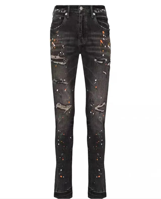 Denim Pants Ripped Leather Trousers Mens Black Ripped Jeans Faux