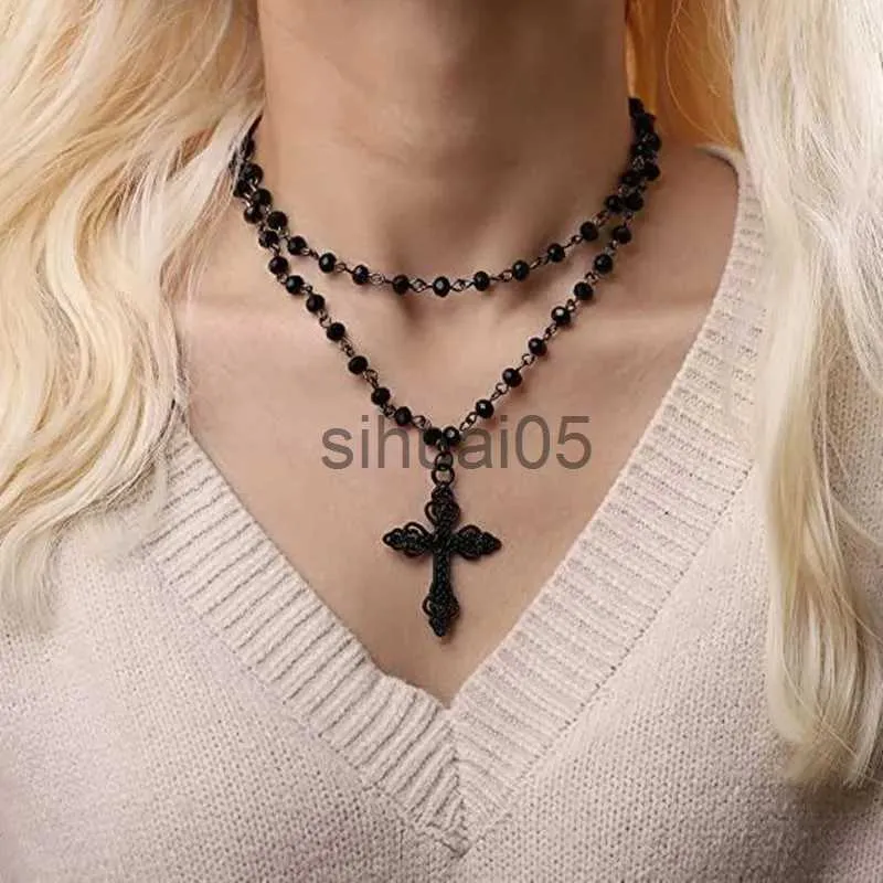 Pendant Necklaces Gothic Black Beads Women's Charm Choke Circle Cross Pendant Necklace Witch Halloween Party Gifts Easter Jewelry x1009