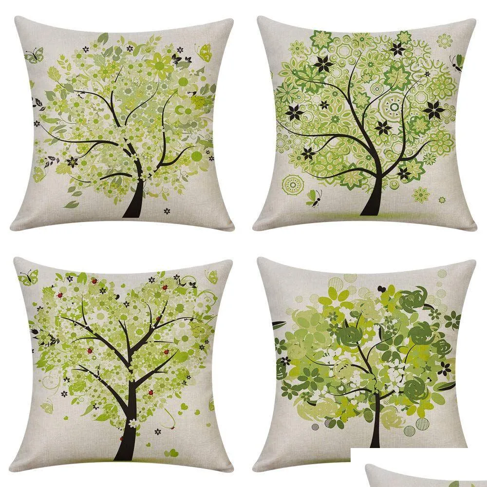 Taie d'oreiller Taie d'oreiller Ensemble de 4 Printemps Er Arbres Verts imprimés taie d'oreiller en Lin extérieur Coussin décoratif Doux pour canapé-lit canapé Liv Dh4Jr