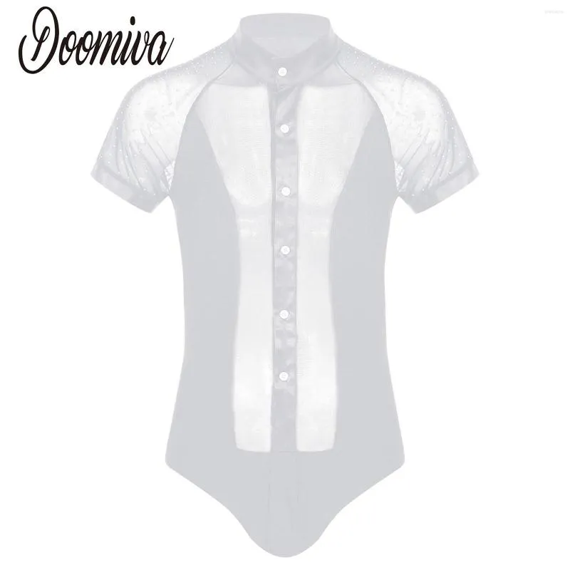 Scene Wear Latin Dance Costume For Men Seugh-Through Mesh Patchwork Leotard Bodysuit Topps Shiny Rhinestone Shirts Dancewear