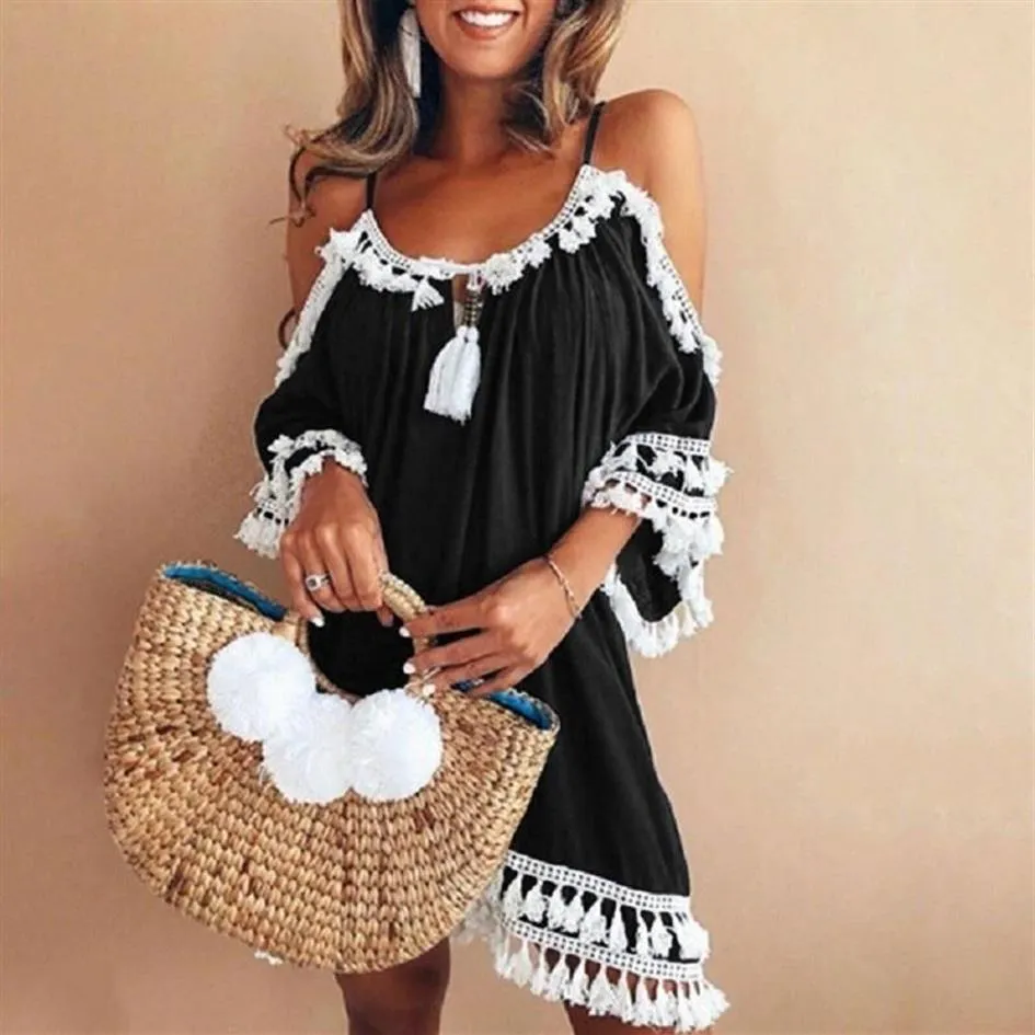 Casual Dresses Ladies Summer kjol halter nacke fransad off-shoulder klänning fast färg sol 2021 mode plus size kvinnors clot217q