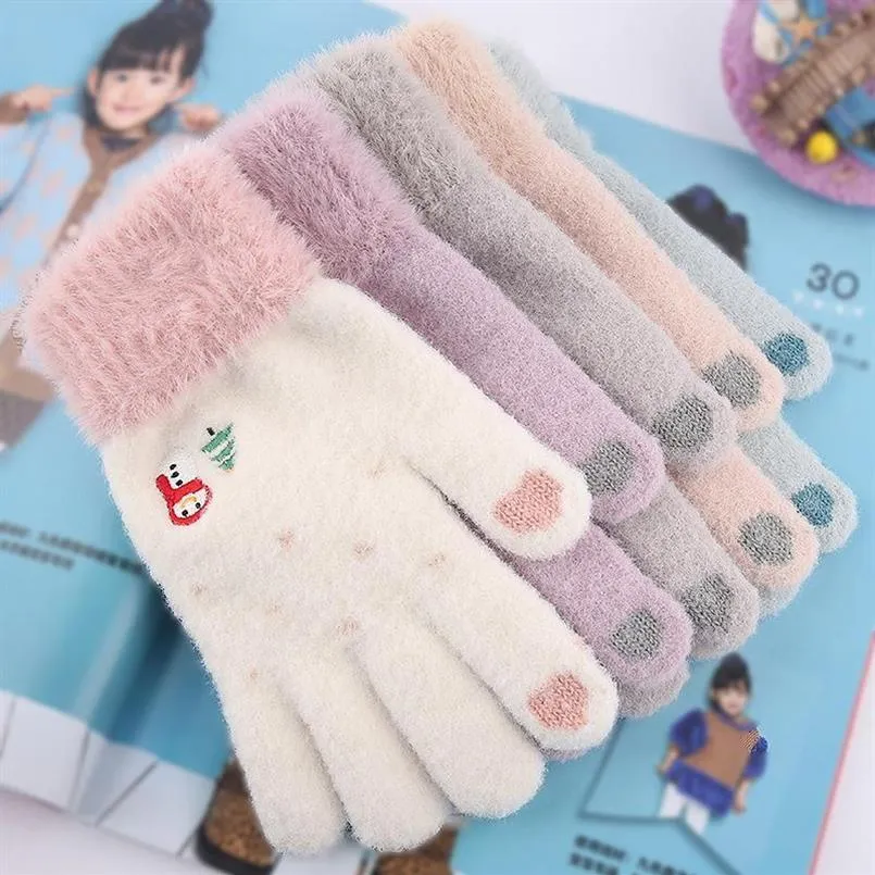 Five Fingers Gloves Women's Cashmere Knitted Winter Adult Warm Thick Touch Screen Full Finger Skiing Glove Embroidered Snowma1793