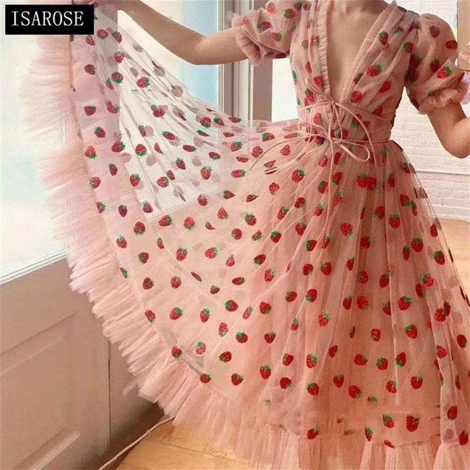 Isarose Gift Strawberry Dress Women Deep V Puff Sleeve Sweet Voile Mesh Sequins Brodery French Party Dresses 4XL 5XL 22021269Q