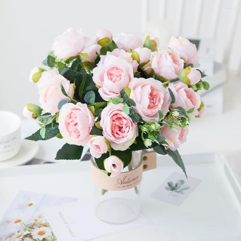 Kwiaty dekoracyjne 1 jedwabny pakiet sztuczny 9 głowic biała herbata piwonia róża jesień fałszywe rośliny