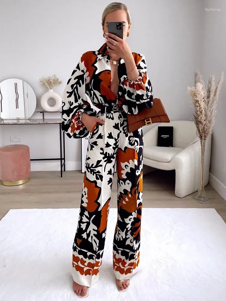 Women's Two Piece Pants 2 Sets Womens Outfits 2023 Long Voluminous Sleeve  Shirt And Wide Leg Vintage Print Co Ord Set Women Clothing