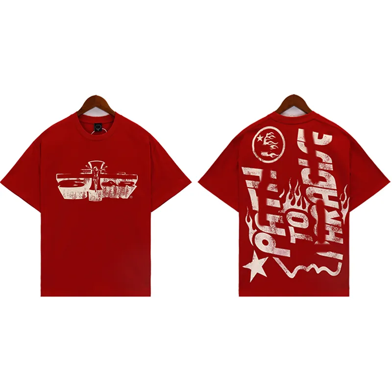 rotes T-Shirt Hellstar Designerhemden Herren Lockeres T-Shirt mit Rundhalsausschnitt Jesus Cross Print Street Casual Wear