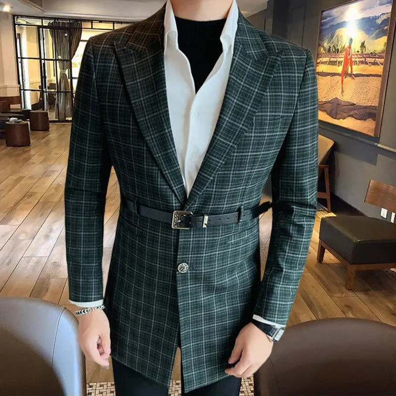 Men's Suits High Quality Belt Buckle Checked Blazer Men Luxury Elegant Homme Wedding Business Dress Social Banquet Plaid Jacket