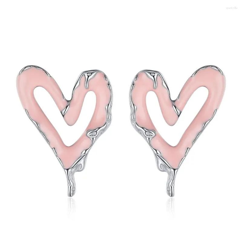 Stud Oorbellen 925 Zilveren Naald Roze Emaille Liefde Hart Piercing Vrouwen Voor Meisje Holle Waterdrop Bronics