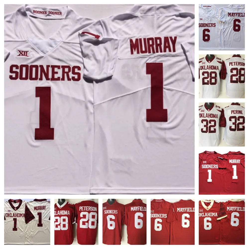 Oklahoma Sooners Football Jersey i lager 1 Kyler Murray 6 Baker Mayfield 28 Adrian Peterson 32 Samaje Perine Stitched Jersey Women Youth Men Size