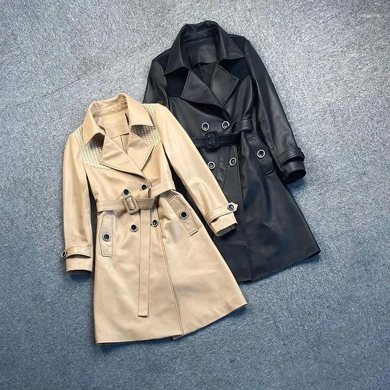 Manteau en cuir véritable pour femme, Trench-Coat en peau de mouton, mi-long, collection de boutons de taille, ceinture, col de costume, coupe-vent