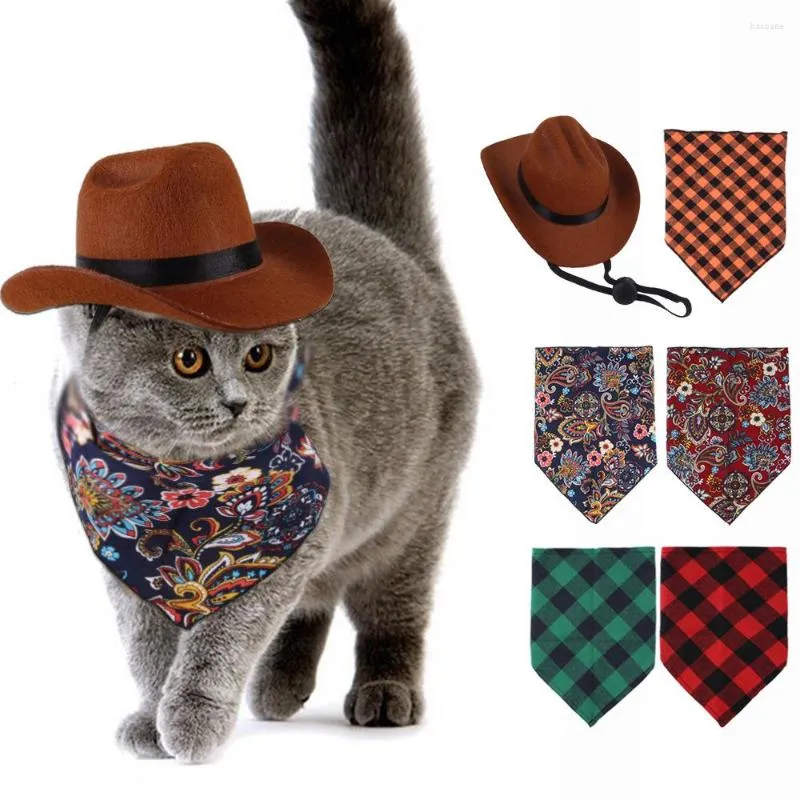 Costumes de chat 2 pièces accessoires de costume pour animaux de compagnie drôles ensemble chapeau de cowboy pour petit chien avec mentonnière élastique réglable et bandana pour anniversaire