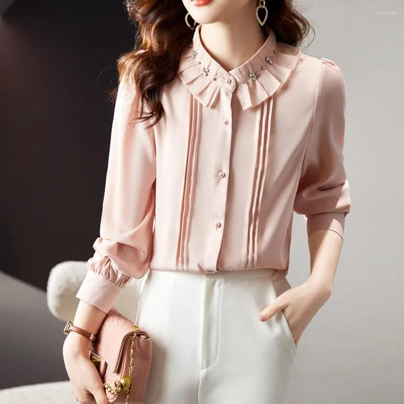 Damesblouses Zoete dames en meisjes Herfst met lange mouwen en kralen Roze shirts Elegant vrouwelijk kantoor Mode Chique plooien Damestops