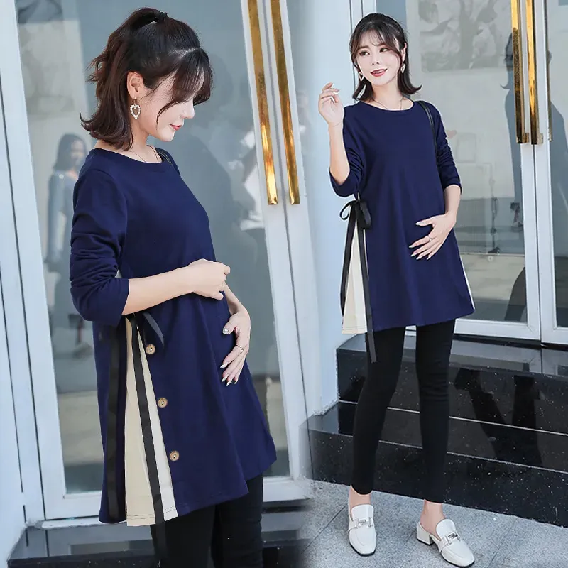 Maternity Tops Tees 5511# Spring Side Split Patchwork Maternity Tees Long Sleeve A Line Loose T Shirt Clothes for Pregnant Women Pregnancy Tops 231006