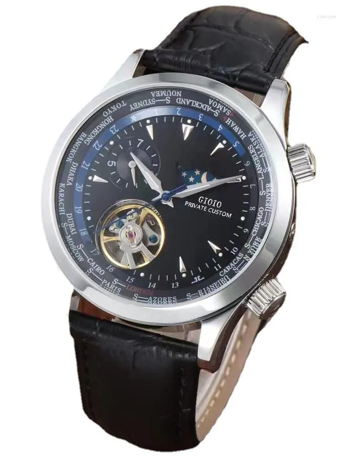 Armbanduhren 42mm Hochwertige Herren-Automatikuhr Mechanisch Saphir Mondphase Jahr Monat Roségold Schwarz Blau Leder Tourbillion