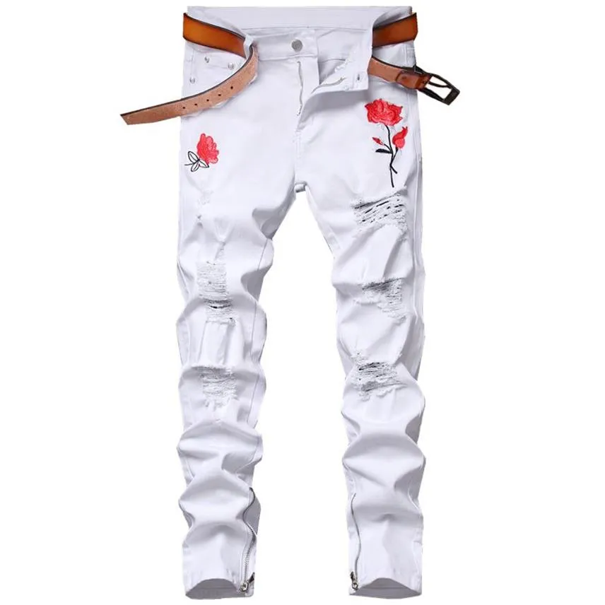 Jean extensible Pour hommes, pantalon en Denim déchiré blanc et noir, fleur de Rose brodée, printemps-automne, Pantalons Pour Hommes229R