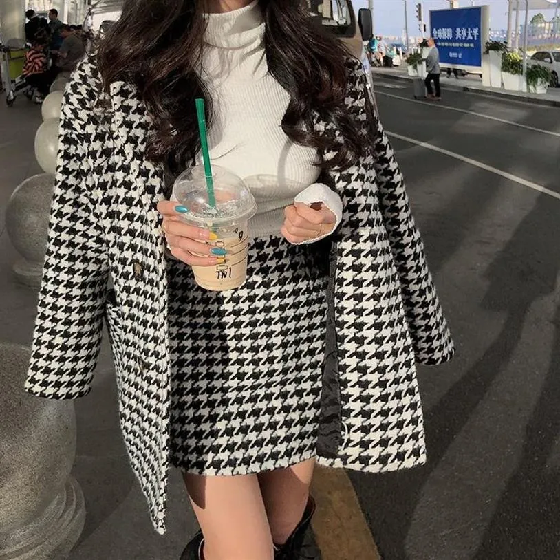 Women's Jackets YOCALOR Two 2 Piece Set Retro Houndstooth Style Mid-length Coat High Waist Skirt Two-piece Suits Women Basic215E