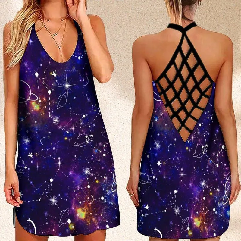 Casual Dresses Summer Women's Criss Cross Backless Sleeveless Dress Stars Starry Sky Universe Planets Print Boho