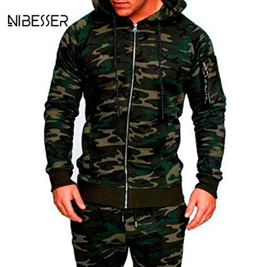 Nibesser Male Camouflageジャケットスーツ2PCマッスルメンワークアウトトラックスーツメンズトラックスーツトップパンツセットパーカーズボン275y