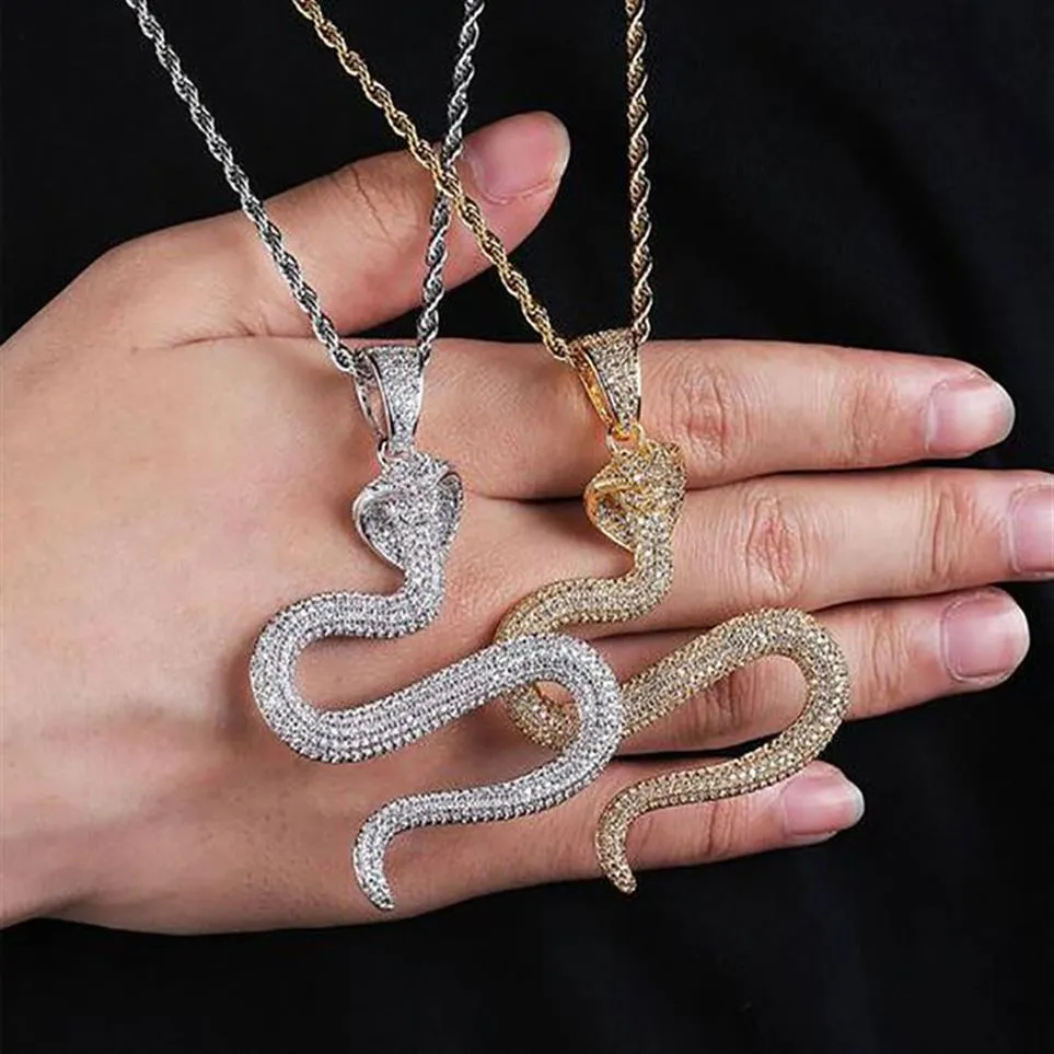 14K Gold CZ S Shape Cobra Snake Pendant Necklace Cubic Zircon Cool Men Women Gift Jewelry Rapper Singer Accessories288W