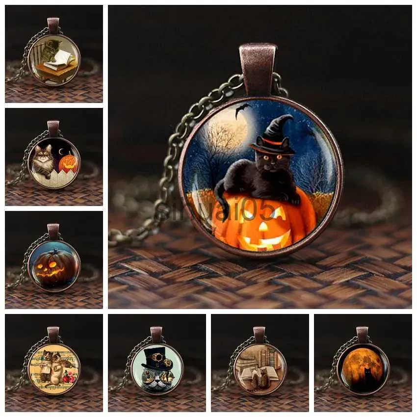 Pendant Necklaces 2019 Newest Pumpkin and Cat Glass Cabochon Pendent Necklace Halloween Pendant Pumpkin and Cat Hand Craft Jewelry x1009