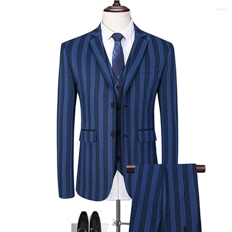 Costumes pour hommes Stripe Style britannique Slim Suit 3 pièces Ensemble Veste Gilet Pantalon / Homme d'affaires Gentleman Haut de gamme Blazers personnalisés Manteau M-6XL